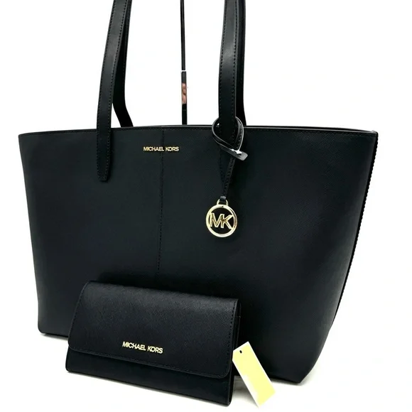 Michael Kors Medium Jet Set Travel Zip Tote Bag & Trifold Wallet Black/Gold